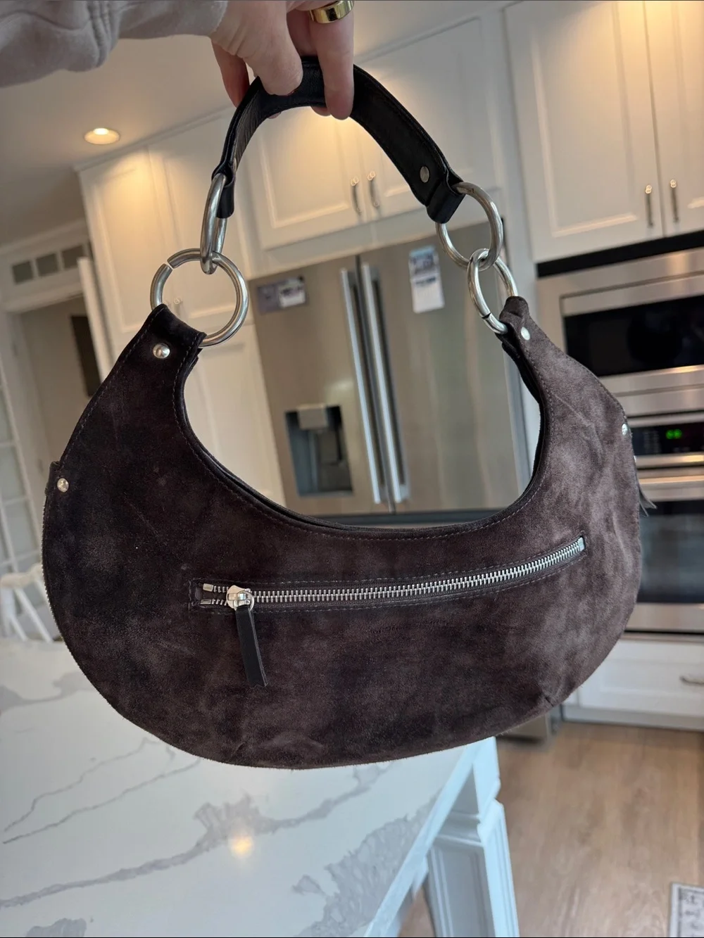 Michael Kors Vintage Brown Suede Hobo Shoulder Bag Expandable Zip Bottom Silver